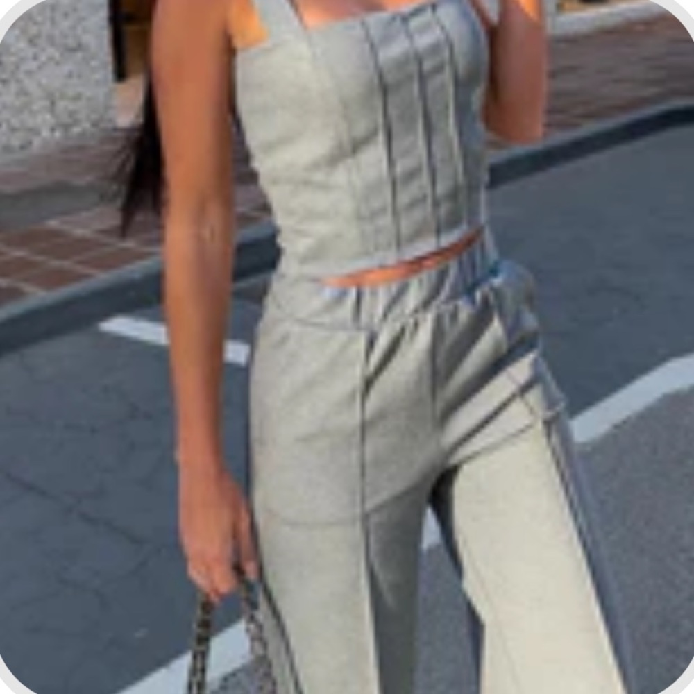 Commense Piping Light Gray Pants Set Women's Jumpsuit